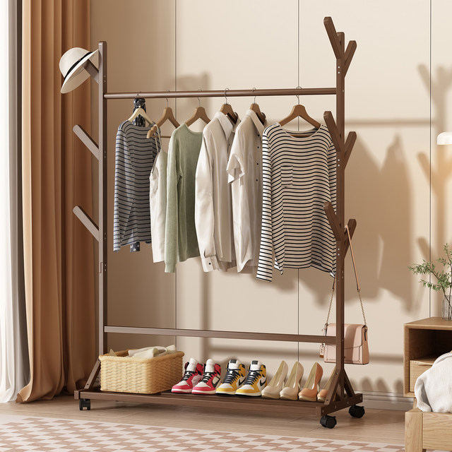 Solid wood coat rack household multi-functional movable clothes rack ...
