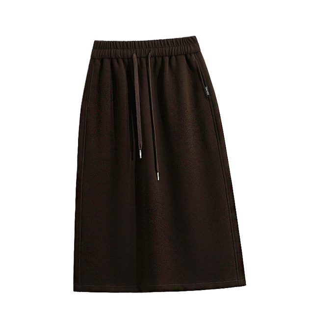 Mid-length elastic skirt brown casual skirt for women's autumn new high-waisted A-line skirt slim sports skirt long skirt
