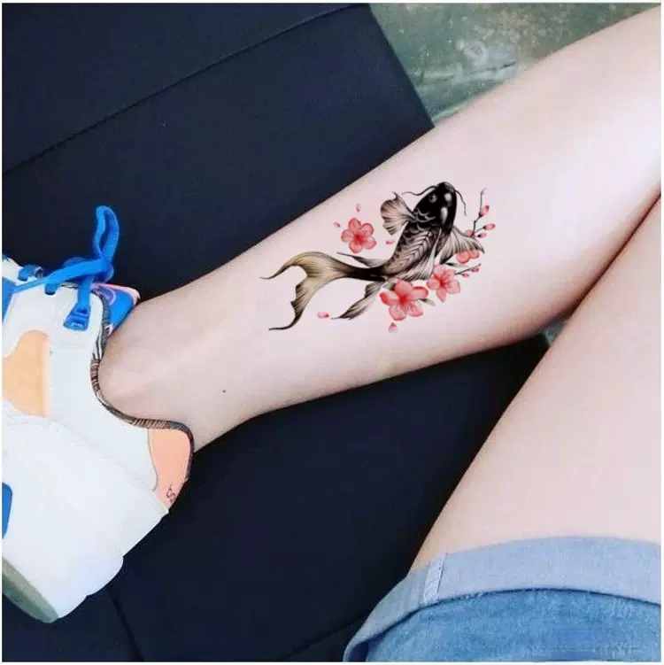 中国风梅花鲤鱼半臂纹身贴防水男女持久仿真小腿手臂花朵鱼