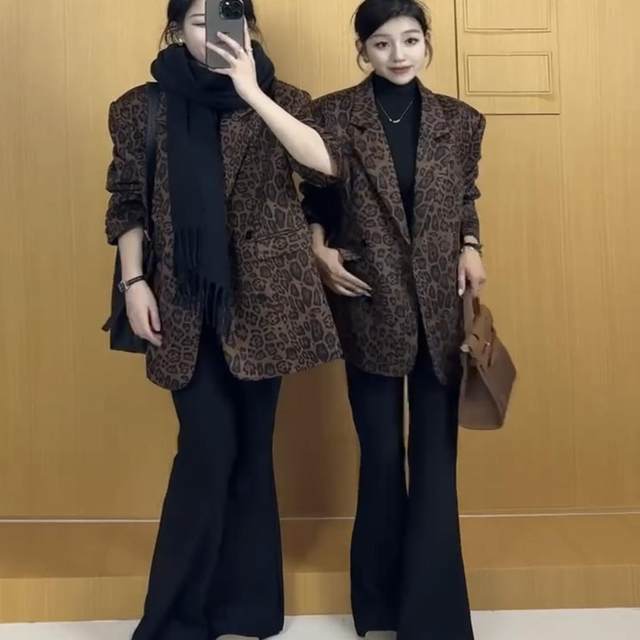 2024 Autumn New European High-end Retro Leopard Print Suit Jacket Women's Loose Casual and Versatile Suit Top