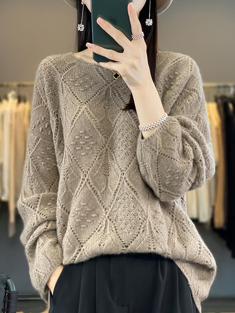 New Korean style fashion one-length neck hollow long-sleeved wool sweater women pullover sweater