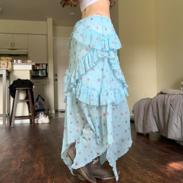 Amyway retro floral mesh skirt for women with high waist slimming irregular A-line long skirt