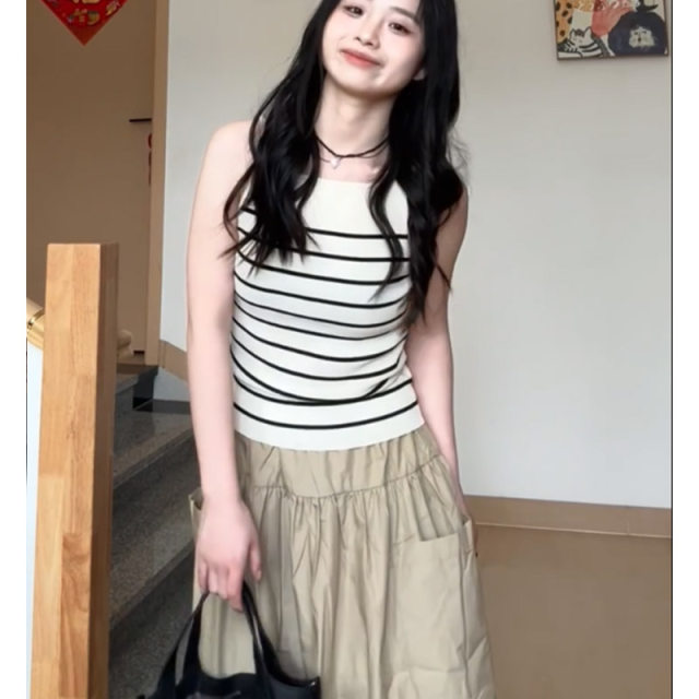 Elastic high waist pocket splicing skirt for women 2025 new design versatile slim and slim hips mid-skirt