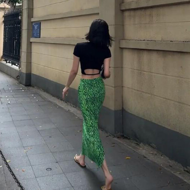 Retro green diamond printed skirt female 2024 summer new high -waisted slimming after split bag hip long skirt
