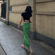 Retro green diamond printed skirt female 2024 summer new high -waisted slimming after split bag hip long skirt