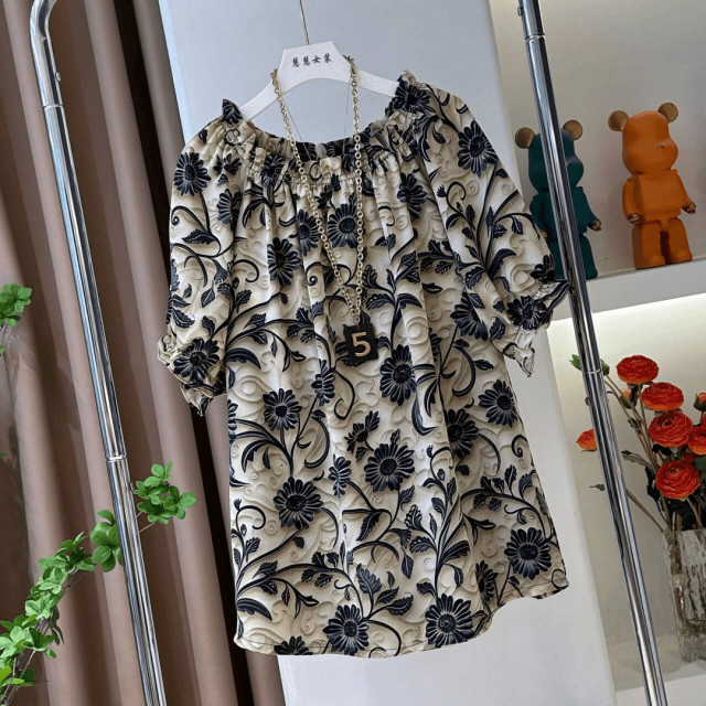 Ethnic style fashionable and versatile floral tops in summer loose and slim one-length temperament casual floral print short sleeves
