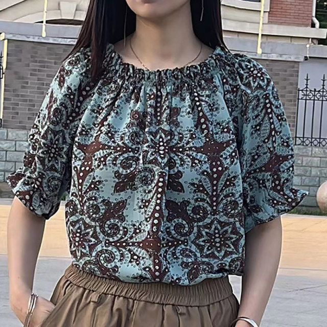 Large size women's lotus leaf sleeves one-length neck two-sleeved fashionable shirt for summer loose slim round neck versatile shirt