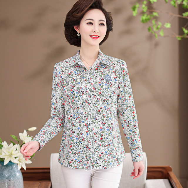 Middle-aged and elderly mothers wear pure cotton shirt for women long-sleeved cotton clothes for spring and autumn middle-aged mother-in-law top loose shirt fashionable
