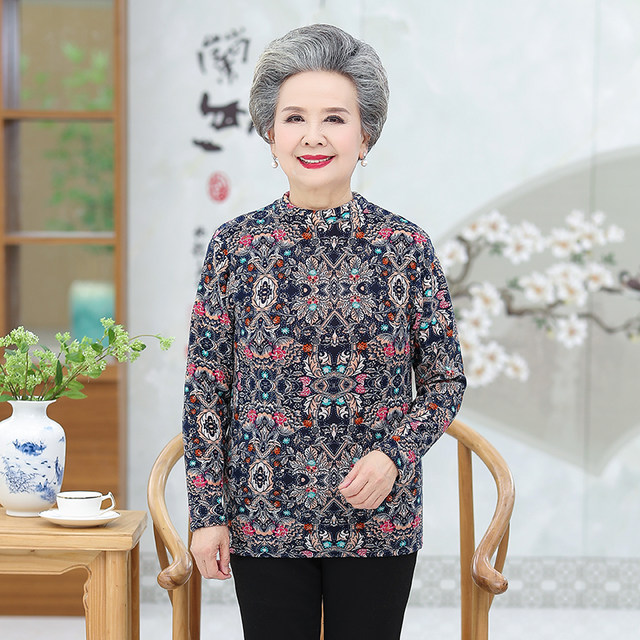Fleece base shirt for women, middle-aged and elderly winter clothes new warm mid-collar printed T-shirt long-sleeved thickened mother top