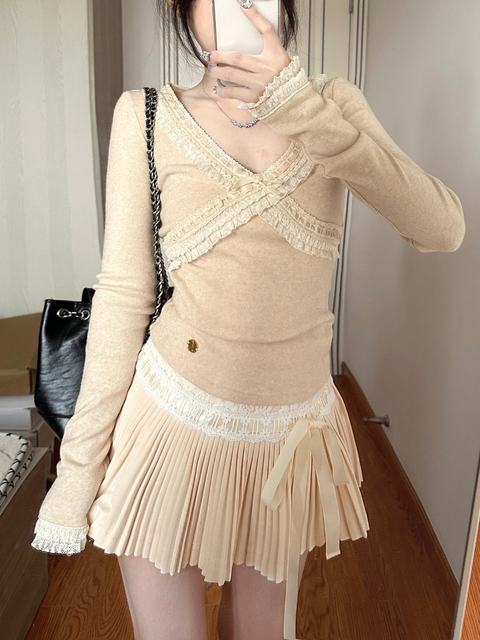Homemade high -waisted design feel first love girl powder cake skirt exquisite sweet lace stitching lace -up pleated skirt short skirt

