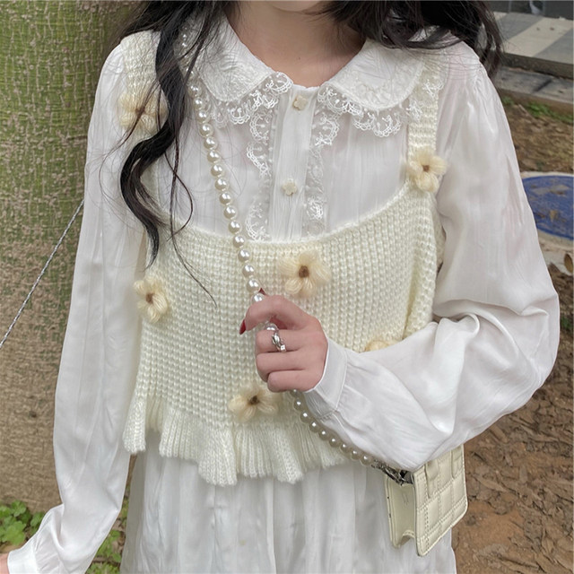 Japanese sweet pure desire wind tops overlap in summer knitted sling niche design cute flower sweater vest women