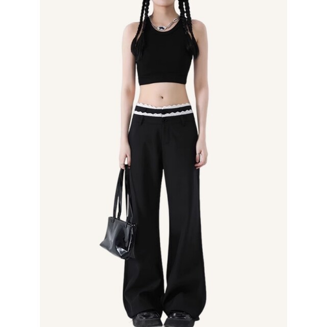 Large size black lace lace micro-flare trousers for women in summer American hottie straight-leg casual pants high waist wide-leg pants