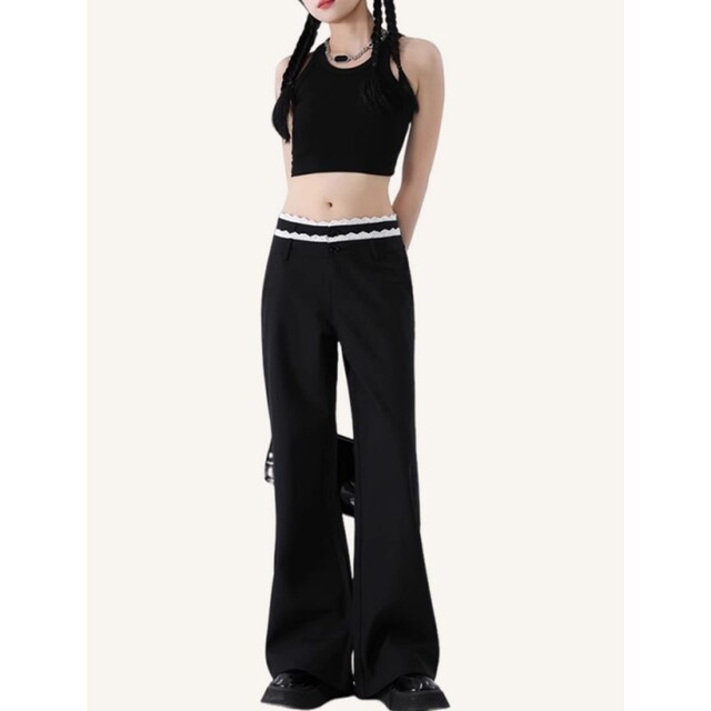 Large size black lace lace micro-flare trousers for women in summer American hottie straight-leg casual pants high waist wide-leg pants