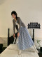 Korean design blue and white plaid skirt women's slim pleated a-line skirt pear-shaped body long skirt umbrella skirt summer
