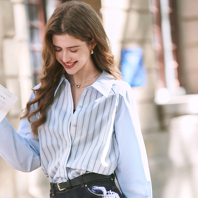 BETU Bai map Loose blue and white striped shirt Female long sleeves 2025 new professional commute shirt
