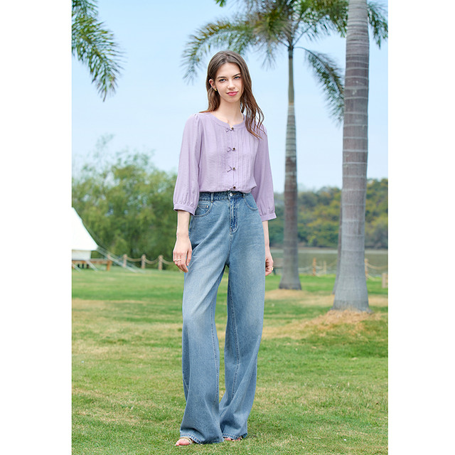 betu 100-tu Chinese style folding purple shirt for women with 7-quarter sleeves 2025 summer new round neck temperament shirt
