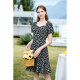 Betu Baitu Women's clothing 2024 New printed retro slimming square collar short -sleeved black dress
