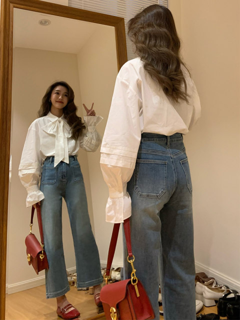 Removable bow French temperament white shirt women's puff sleeves ruffle high-end exquisite long-sleeved shirt