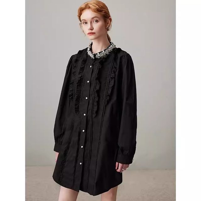 
Large size black long-sleeved shirt skirt for women in spring 2025 new beaded wood earrings slimming dress