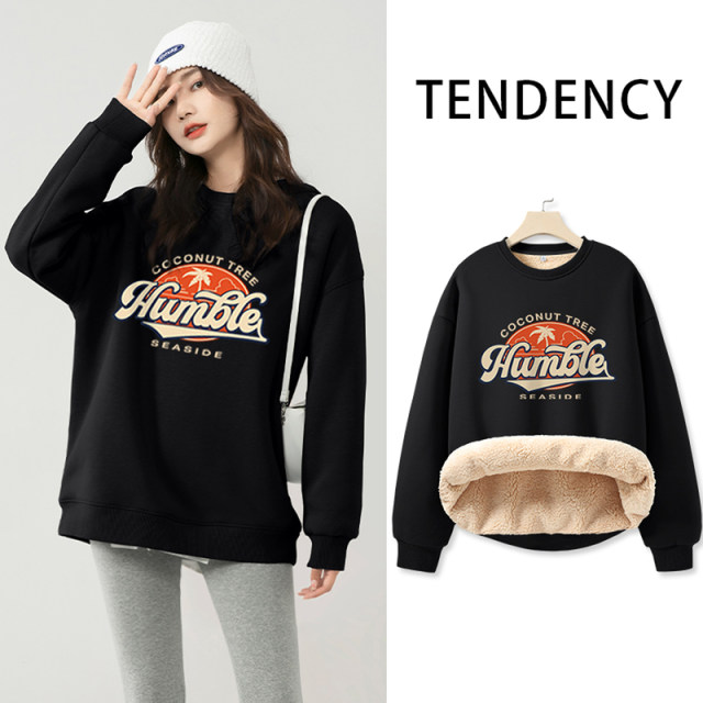 JR Jeanweis women's American printed velvet sweater in autumn and winter warm lamb velvet sweater round neck trendy women's clothes