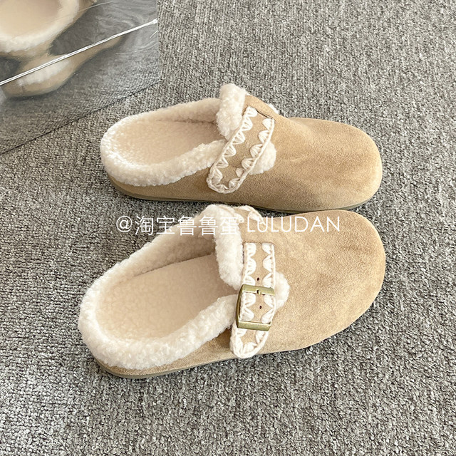 Lurudan furry Birkenstock shoes, winter cotton slippers, toe-toe mule shoes, slip-on women's shoes, plus velvet half slippers