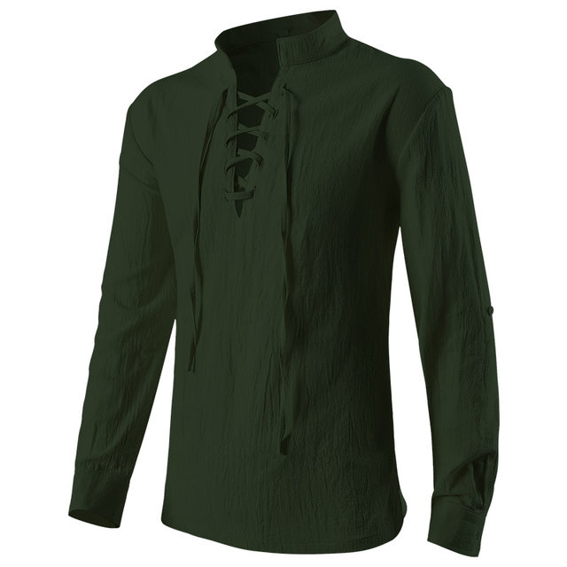 European and American retro men's stand-up collar tied rope solid color shirt, medieval long-sleeved loose game clothing stage dress