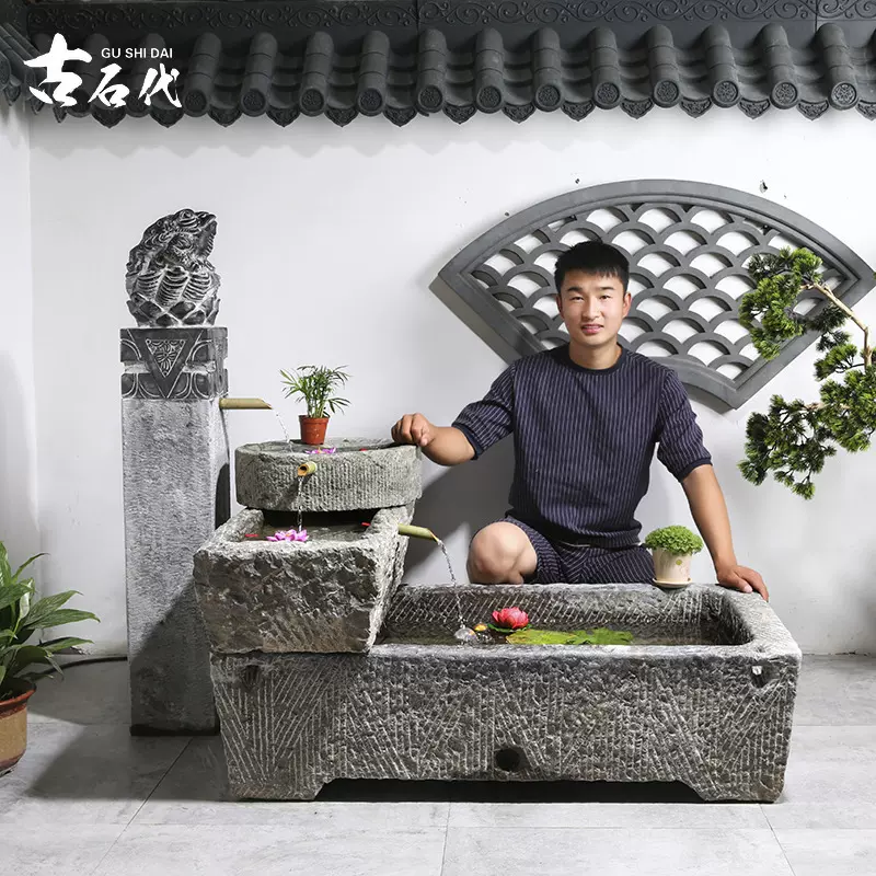青石牛槽鱼缸马槽流水老旧石槽水景大型风水招财