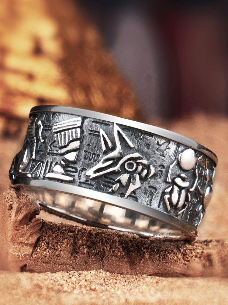 jiye古埃及众神浮雕死神阿努比斯太阳荷鲁斯图腾戒指泰银复古男款