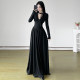 DARLINGAGA French temperament lace spliced ​​neck strap deep V-neck dress for women black trouser a-line skirt long skirt