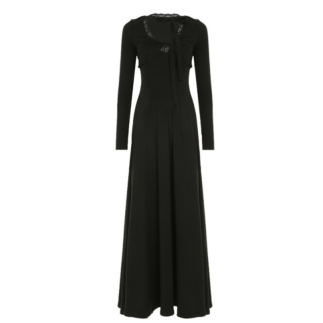 DARLINGAGA French temperament lace spliced ​​neck strap deep V-neck dress for women black trouser a-line skirt long skirt