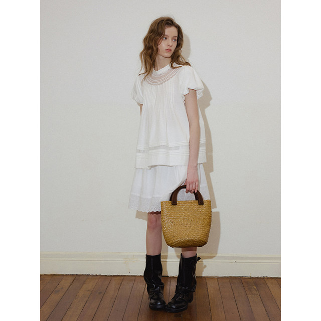 popchrio lace puff short sleeve shirt French hollow doll shirt half body skirt suit small women