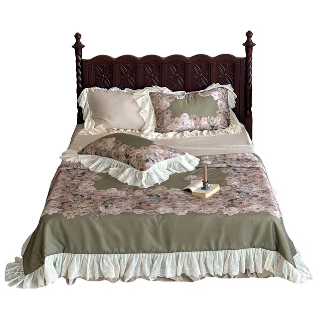 French summer retro sky summer cool quilt four-piece set washable silky thin quilt air conditioning quilt bed skirt bedding