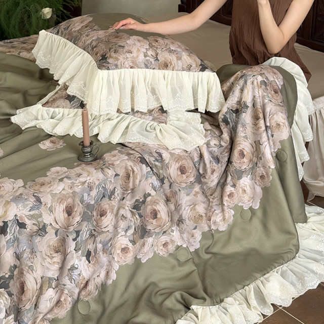 French summer retro sky summer cool quilt four-piece set washable silky thin quilt air conditioning quilt bed skirt bedding