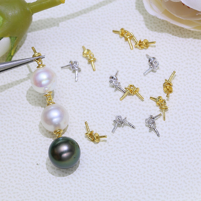 diy accessories S925 sterling silver pearl earrings pendant extended connector double bead cap empty holder semi-finished silver holder
