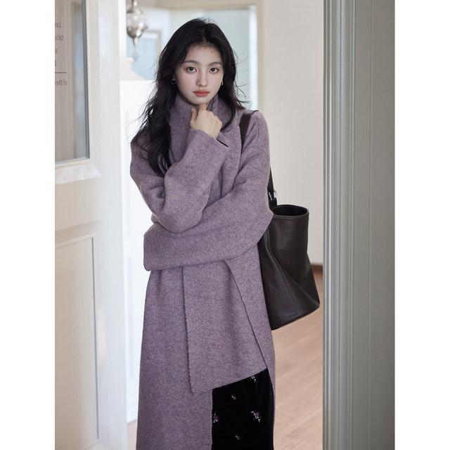 Eryang design design sense purple long sweater jacket for women new temperament knitted wool cardigan 1