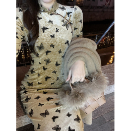 TYANG Er Design Butterfly New Chinese vintage national style wool sleeves and improved version of velvet cheongsam autumn and winter