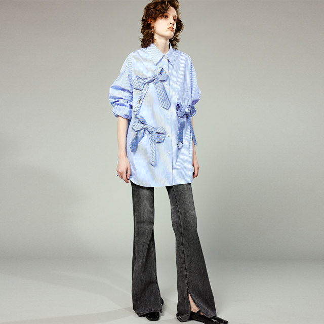 UOOYAA/Wuya tie bow striped shirt
