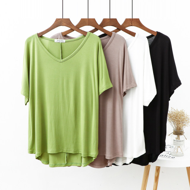Summer Thin Modal Short Sleeve Large Size T-shirt Women's V-neck Casual Loose Pajamas Pregnant Women Home Solid Color Bottoming Shirt
