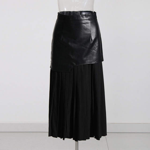 New style street style mid-length leather skirt high waist spliced ​​pleated irregular skirt women's mid-length skirt

