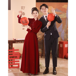 Wine red modified cheongsam toast advanced sense Chinese long sleeved wedding dress set small winter