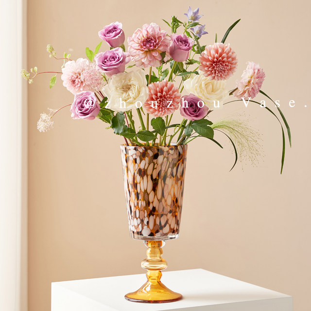 Zhouzhoujia American leopard print medieval glass vase light luxury high-end decoration retro home vase tall flower vessel