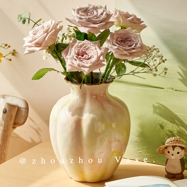 French medieval ice cracked ceramic vase pink gradient oil painting style home decoration ornaments living room flower vase