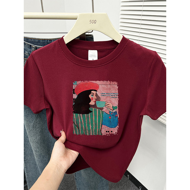 
Retro and fashionable design-like printed front shoulder short-sleeved T-shirt women's navy blue large-size casual and versatile round neck top