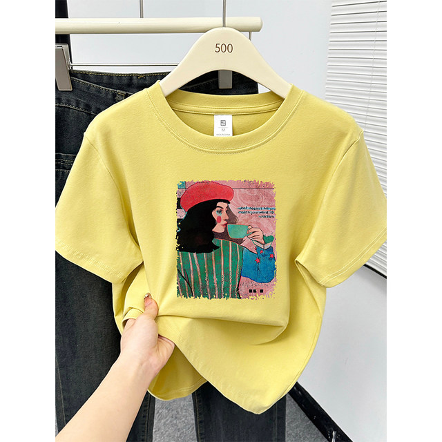 
Retro and fashionable design-like printed front shoulder short-sleeved T-shirt women's navy blue large-size casual and versatile round neck top