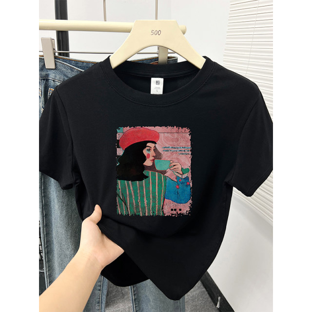 
Retro and fashionable design-like printed front shoulder short-sleeved T-shirt women's navy blue large-size casual and versatile round neck top