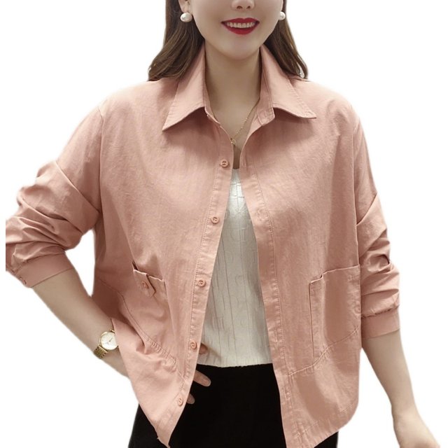 
Spring and Autumn New Style Shirt Jacket Slimming Versatile Solid Color Single Breakfast Loose Solid Color Lapel Top Age Reducing Mother's Wear