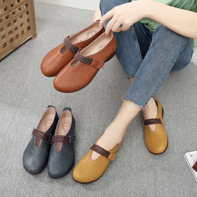 2025 Summer New Genuine Leather Women's Shoes Soft Leather Comfortable Large Size Single Shoes Flat Casual Mom Shoes Soft Sole Maternity Shoes