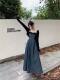Black knitted cardigan sweater contrasting color splicing strapless denim dress high-end temperament two-piece suit