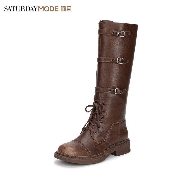 Saturday high tube knight boots for women's new winter Maillard retro belt buckle thick-soled Martin boots