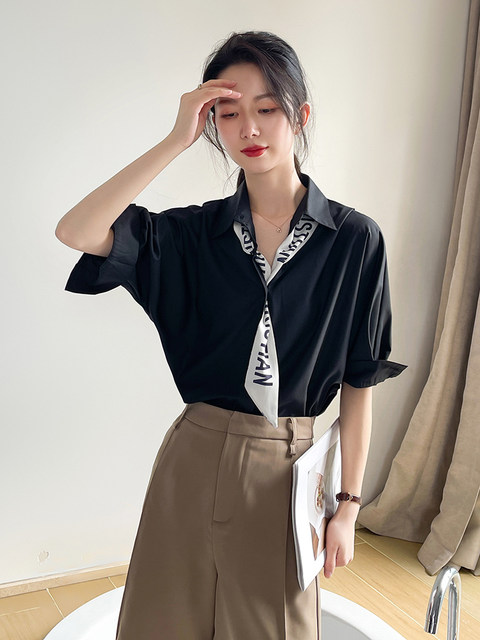 Black half-sleeved shirt for women, fashionable and high-end professional OL commuting versatile thin mid-sleeved slim shirt for summer